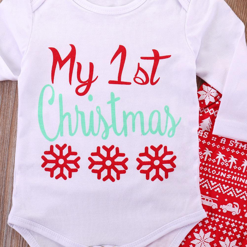 Christmas Dress Baby Letter Snowflake Print One-piece Dress Pants Hat Set - PrettyKid