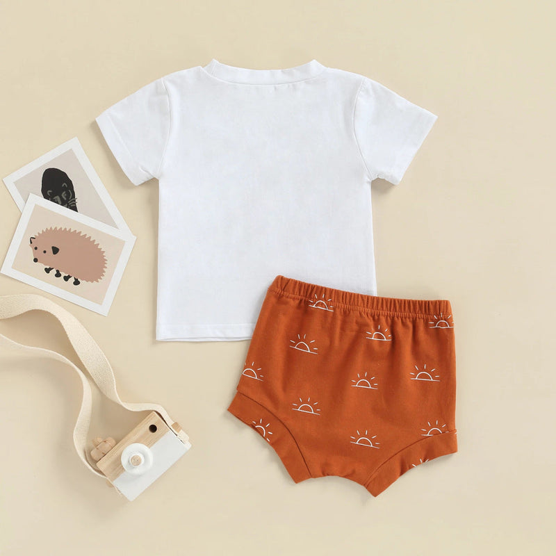 Beach Boy Short Sleeve T-Shirt Sun Print Strappy Shorts Wholesale Toddler Boy Sets - PrettyKid