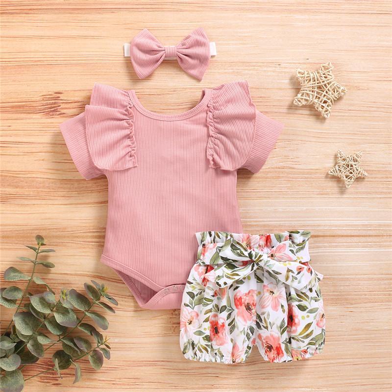 3-piece Solid Ruffle Bodysuit & Floral Printed Shorts & Headband for Baby  Clothing Wholesale – PrettyKid