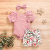 3-piece Solid Ruffle Bodysuit & Floral Printed Shorts & Headband for Baby Clothing Wholesale - PrettyKid