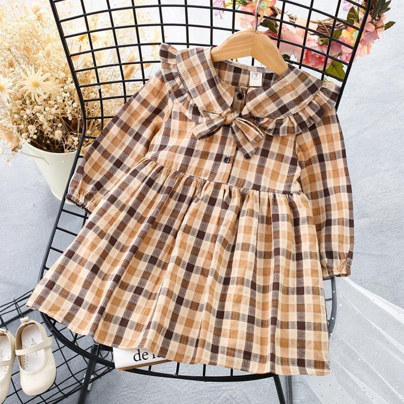 Girls Plaid Doll Collar Long Sleeve Dress Preppy Style Princess Skirt - PrettyKid