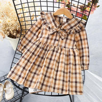 Girls Plaid Doll Collar Long Sleeve Dress Preppy Style Princess Skirt - PrettyKid