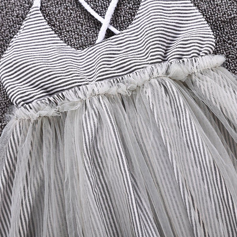 Toddler kids girls' summer mesh striped suspender dress - PrettyKid