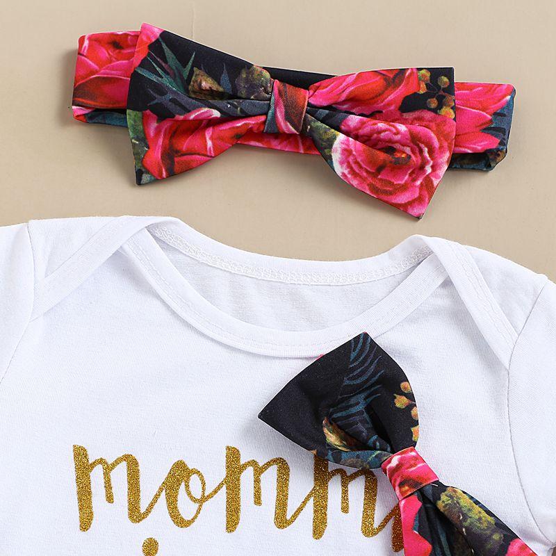 3-piece Letter Pattern Bodysuit & Floral Printed Pants & Headband for Baby Girl - PrettyKid