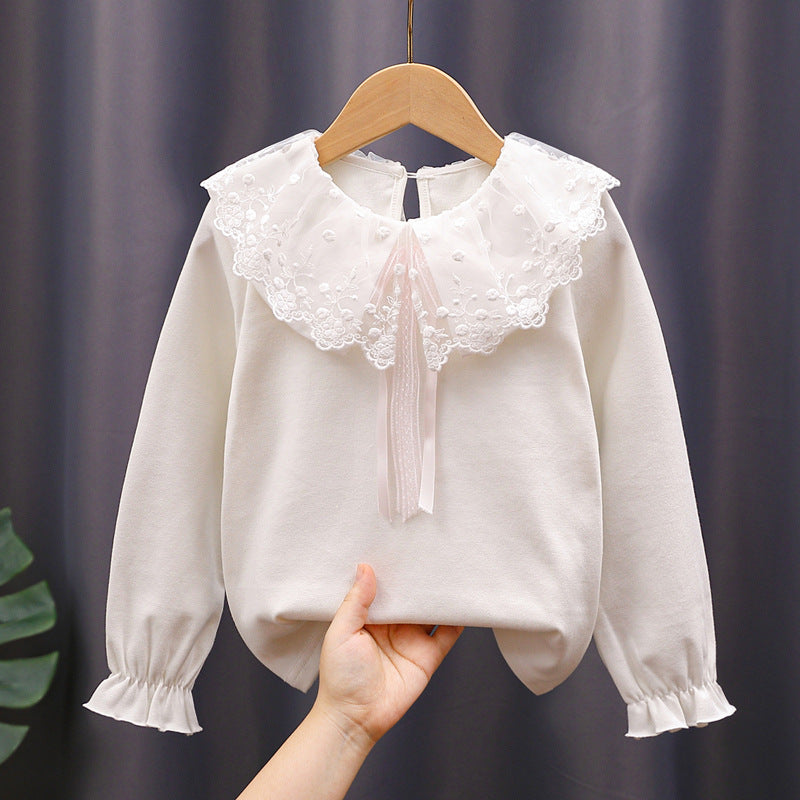 3-10Years Kids Girls Lace Doll Collar Stretch Cuffs White Top Toddler GirlsBottoming Shirt Wholesale Childrens Clothing In Bulk - PrettyKid
