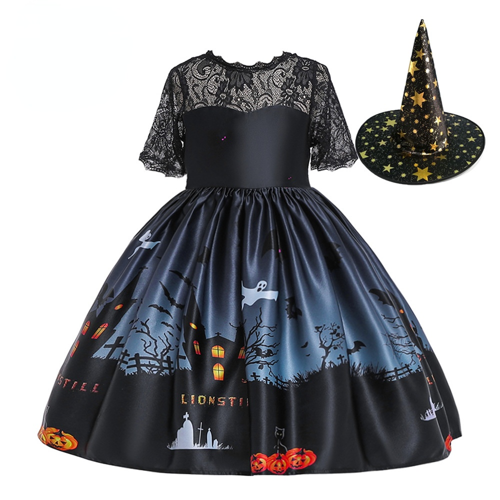 Children Kids Halloween Ghost Print Lace Dress Trendy Girl Clothes Wholesale - PrettyKid