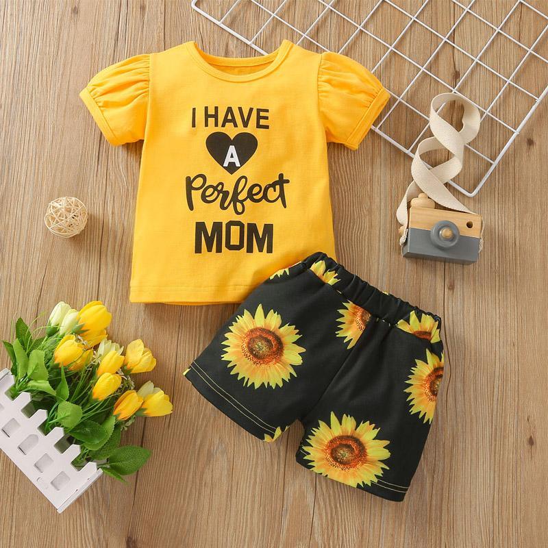 Baby Girl Letter Print Puff Sleeve T-shirt & Sunflower Print Shorts - PrettyKid