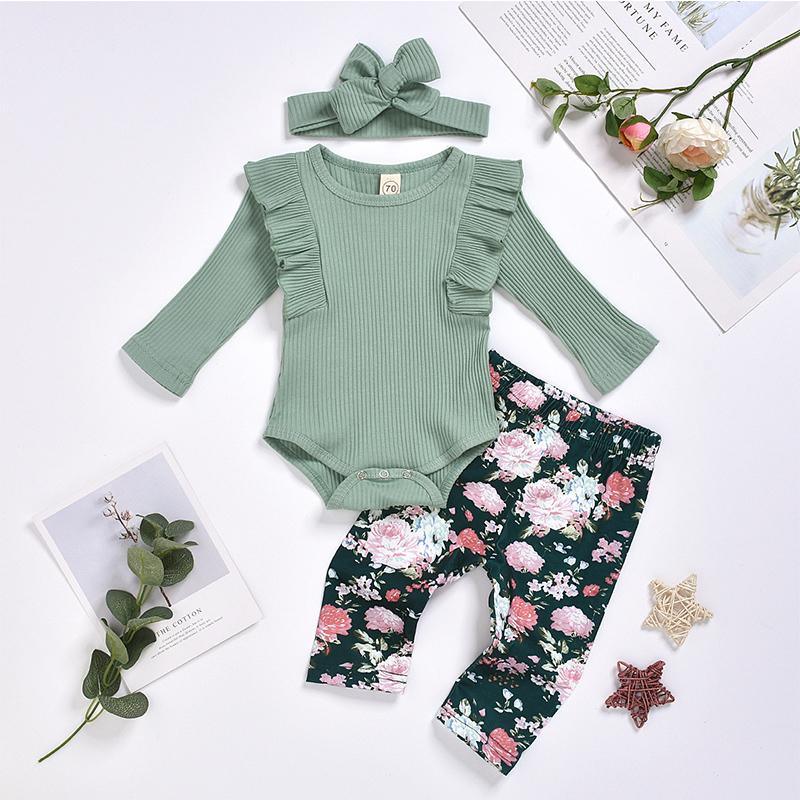 3-piece Solid Ruffle Bodysuit & Floral Printed Pants & Headband for Baby Girl Wholesale children's clothing - PrettyKid