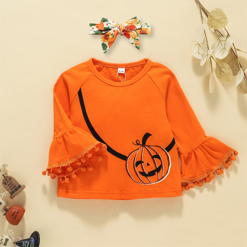 Toddler Girls Solid Pumpkin Print Top Pants Hair Band Halloween Three Piece Set - PrettyKid