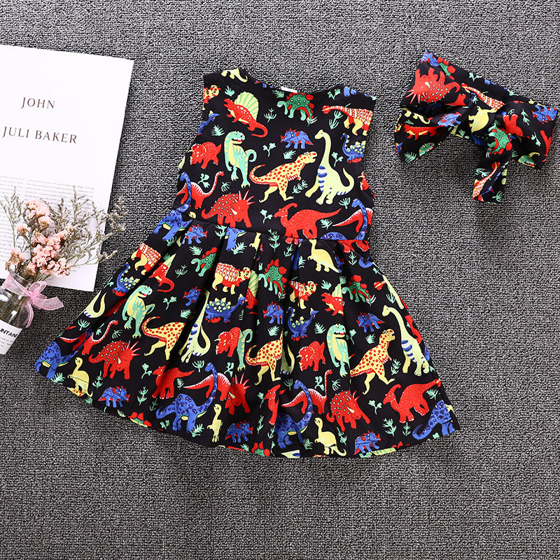 Toddler kids girls cartoon dinosaur print sleeveless bow dress - PrettyKid