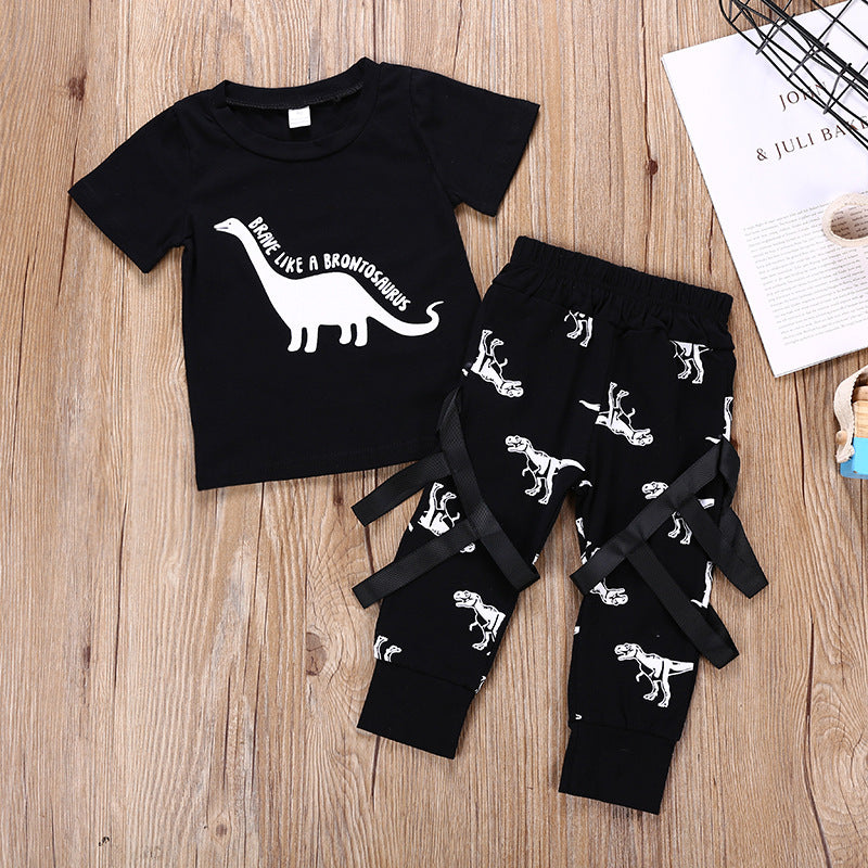Toddler kids' round neck T-shirt casual pants dinosaur print set - PrettyKid