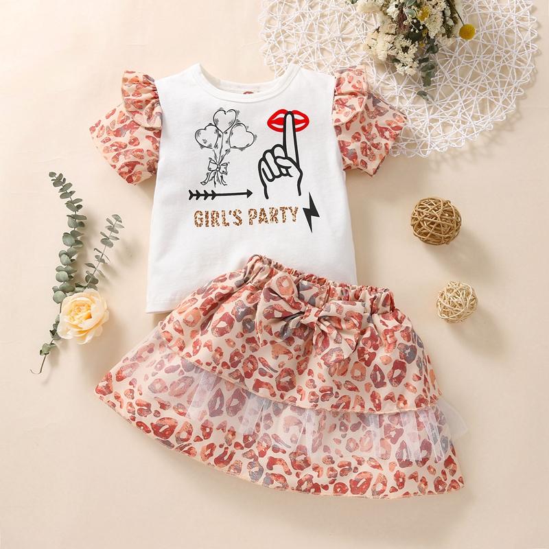 Toddler Girl Letter Pattern Leopard Print T-shirt & Skirt - PrettyKid