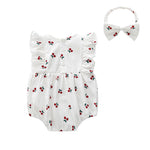 0-12M Baby Girls Cherry Print Flutter Sleeve Bodysuit & Headband Wholesale Baby Clothes In Bulk - PrettyKid