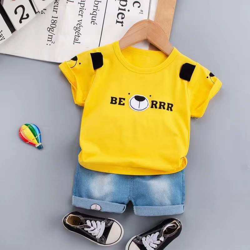 Baby Boy Bear Graphic T-Shirt And Denim Shorts Baby Boy Tracksuit Set - PrettyKid