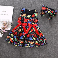 Toddler kids girls cartoon dinosaur print sleeveless bow dress - PrettyKid