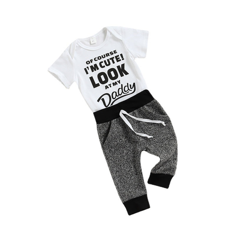 Baby Boys Letter Print Jumpsuit And Colorblock Trousers Two Piece Baby Sets - PrettyKid