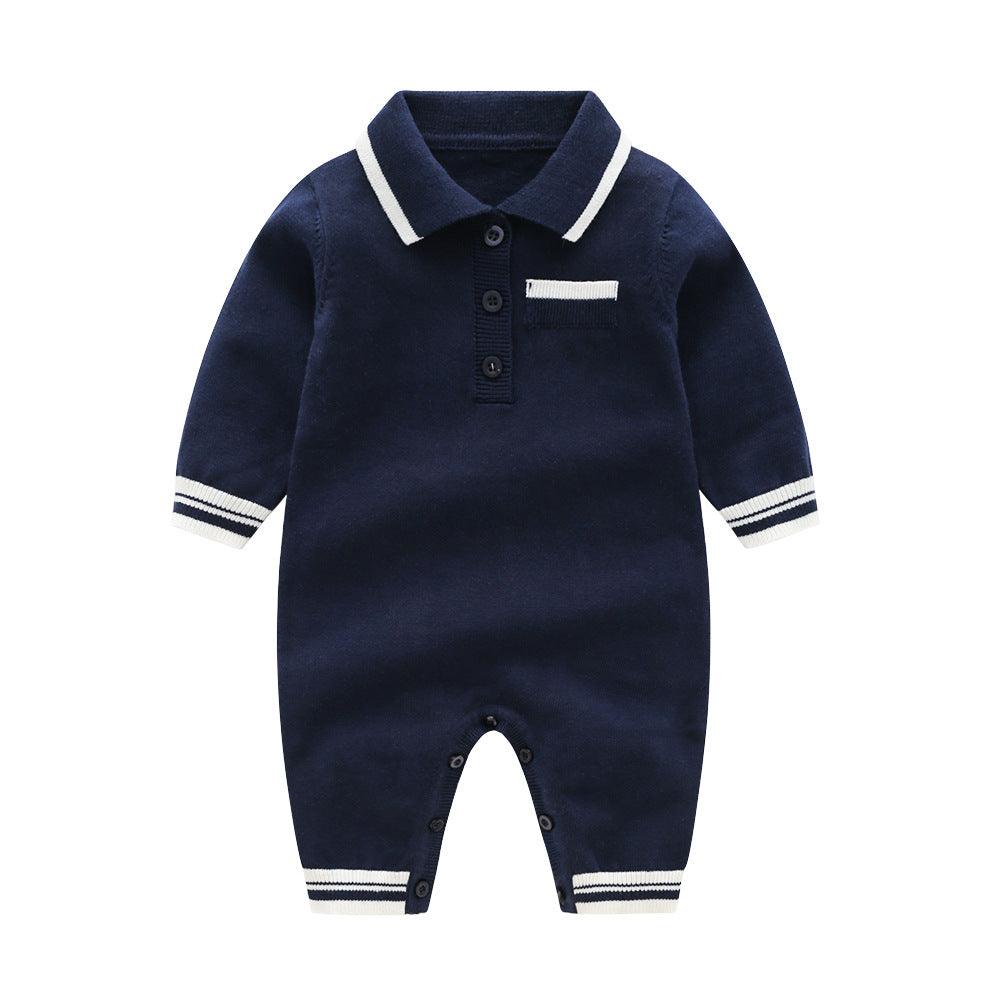 Baby Boys Solid Color Polo Collar Pocket Color Blocking Knitted Long Sleeve Jumpsuit - PrettyKid