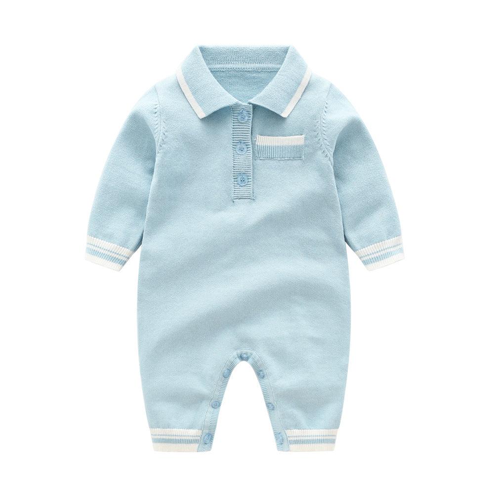 Baby Boys Solid Color Polo Collar Pocket Color Blocking Knitted Long Sleeve Jumpsuit - PrettyKid