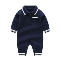 Baby Boys Solid Color Polo Collar Pocket Color Blocking Knitted Long Sleeve Jumpsuit - PrettyKid