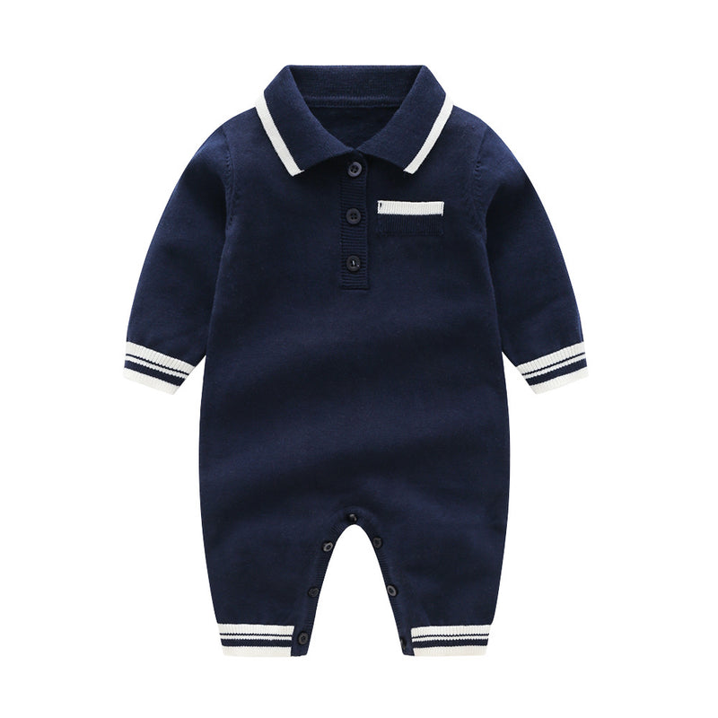 Baby Boys Solid Color Polo Collar Pocket Color Blocking Knitted Long Sleeve Jumpsuit - PrettyKid