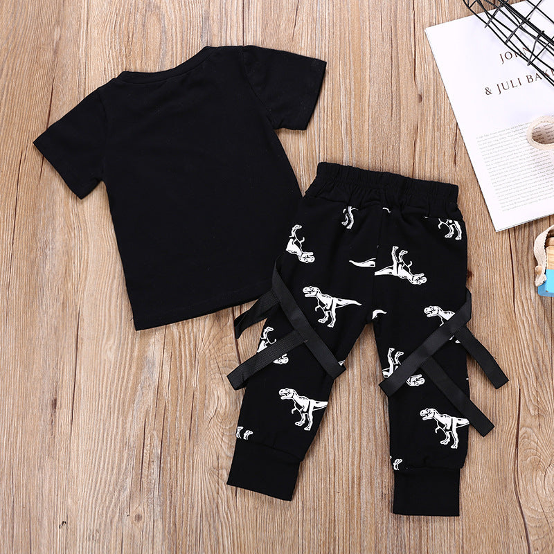 Toddler kids' round neck T-shirt casual pants dinosaur print set - PrettyKid