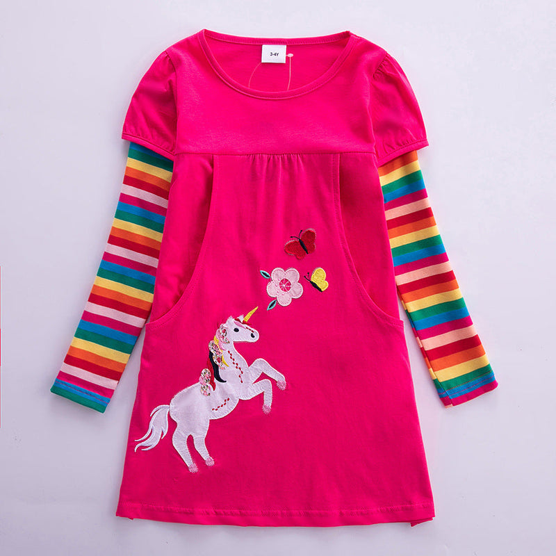 3-8Y Kid Girls Rainbow Striped Sleeve Unicorn Dresses Wholesale Kids ...