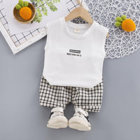 Toddler Boy Letter Print Wing Pattern Sleeveless Top & Plaid Shorts - PrettyKid