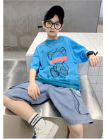 Boys Summer Solid Color Cartoon Bear Print Short Sleeve T-Shirt Top Denim Shorts Set - PrettyKid