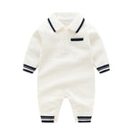 Baby Boys Solid Color Polo Collar Pocket Color Blocking Knitted Long Sleeve Jumpsuit - PrettyKid