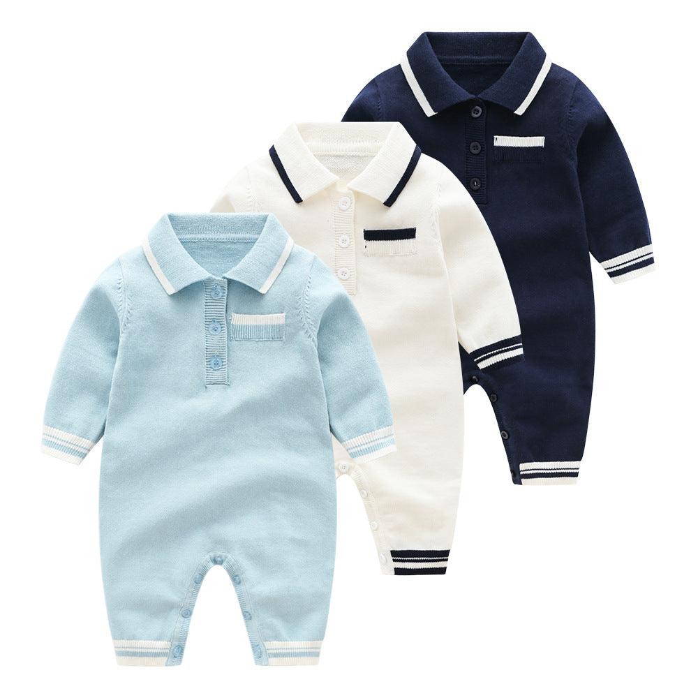 Baby Boys Solid Color Polo Collar Pocket Color Blocking Knitted Long Sleeve Jumpsuit - PrettyKid