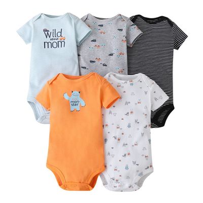 5PCs Set Jumpsuit Baby Boys Girls Short Sleeve Mixed Color Printing Triangle Jumpsuit Creeper 4 - PrettyKid