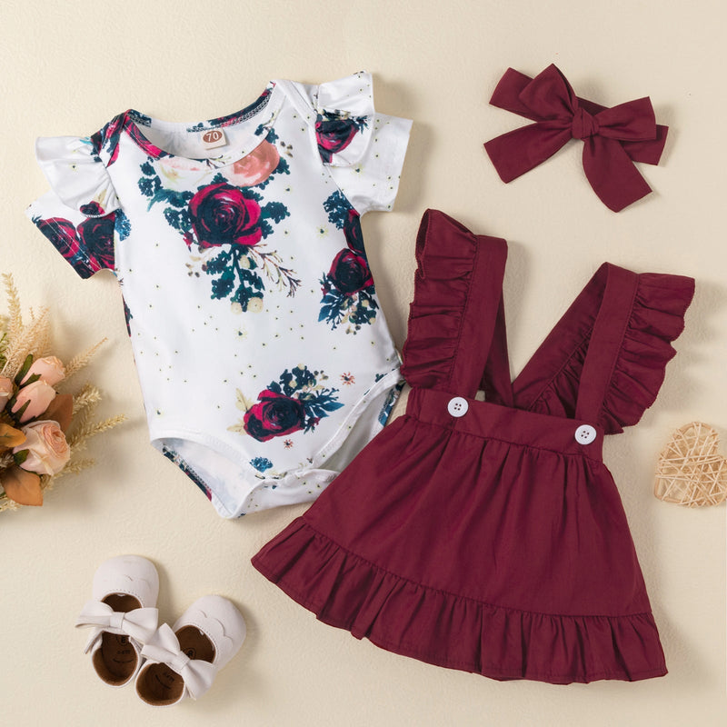 Baby Girl Floral Print Bodysuit And Pink Overalls And Headband Baby Clothes Set - PrettyKid