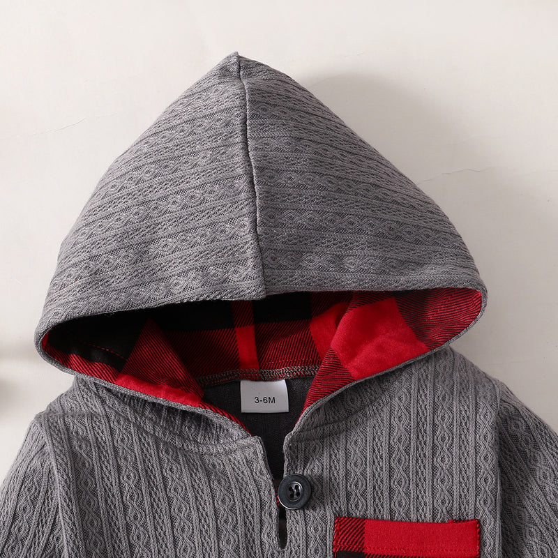 Wholesale Baby Color-block Plaid Pattern Pocket Decor Hooded Sweater & Pants in Bulk - PrettyKid