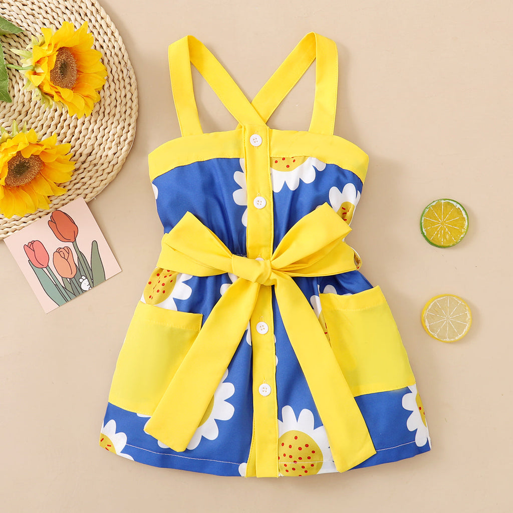 12M-5Y Colorblock Belt Pocket Button Back Crossover Dress Cute Toddler Girl Clothes Wholesale - PrettyKid