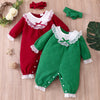 Christmas Lace Collar Lantern Sleeve Corduroy Baby Girl One Piece Jumpsuit - PrettyKid