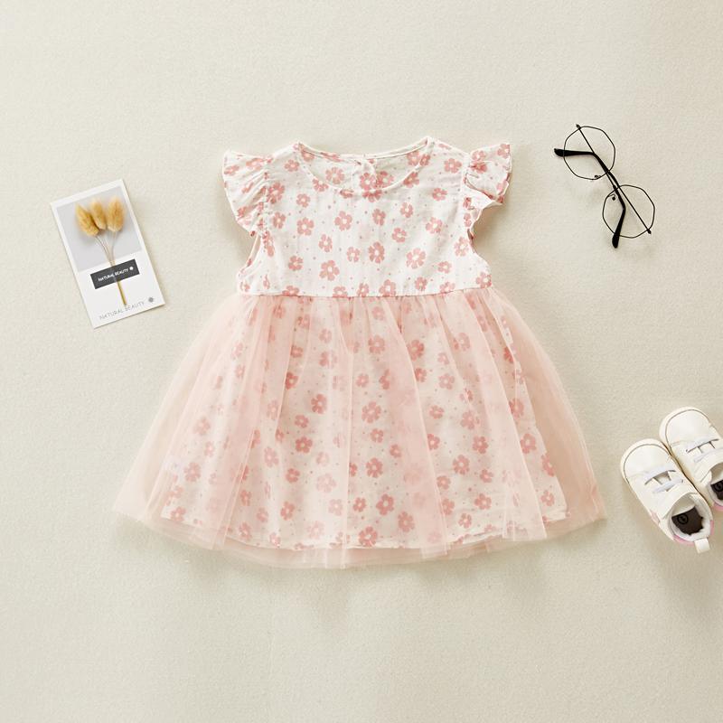 Baby Girl Ruffle Sleeves Mesh Hem Dress - PrettyKid