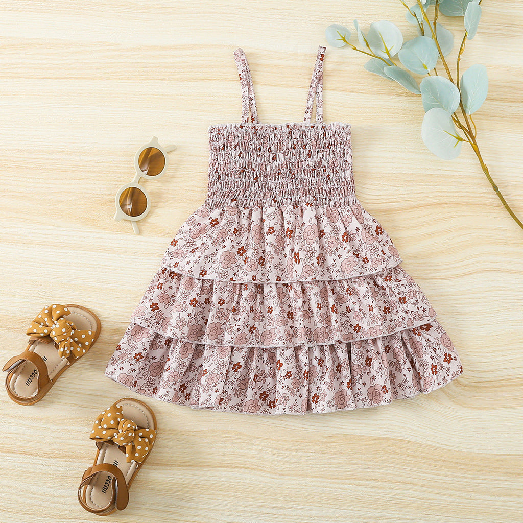18M-6Y Cute Dresses For Girls Floral Cake Sling Pleats Wholesale Girls Fashion Clothes
