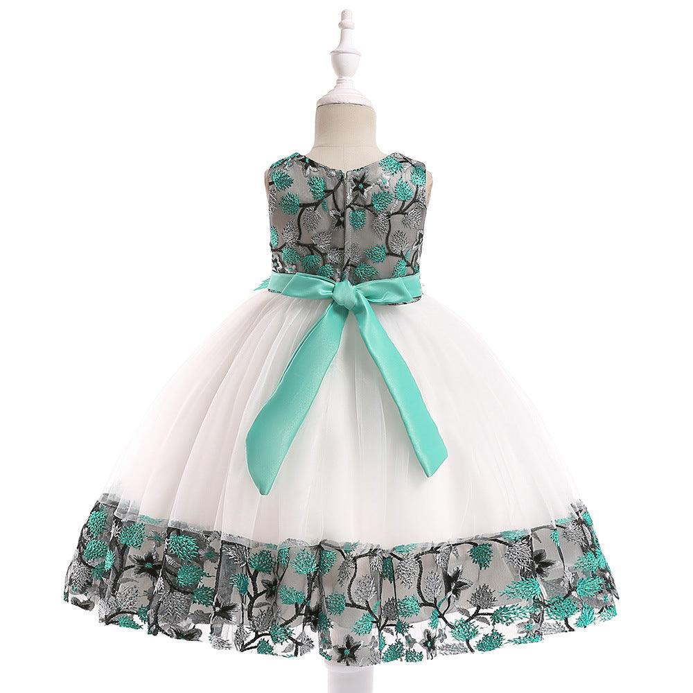 Kids Girls Flower Embroidered Mesh Stitched Sleeveless Puffy Dress Flower Girl Skirt - PrettyKid