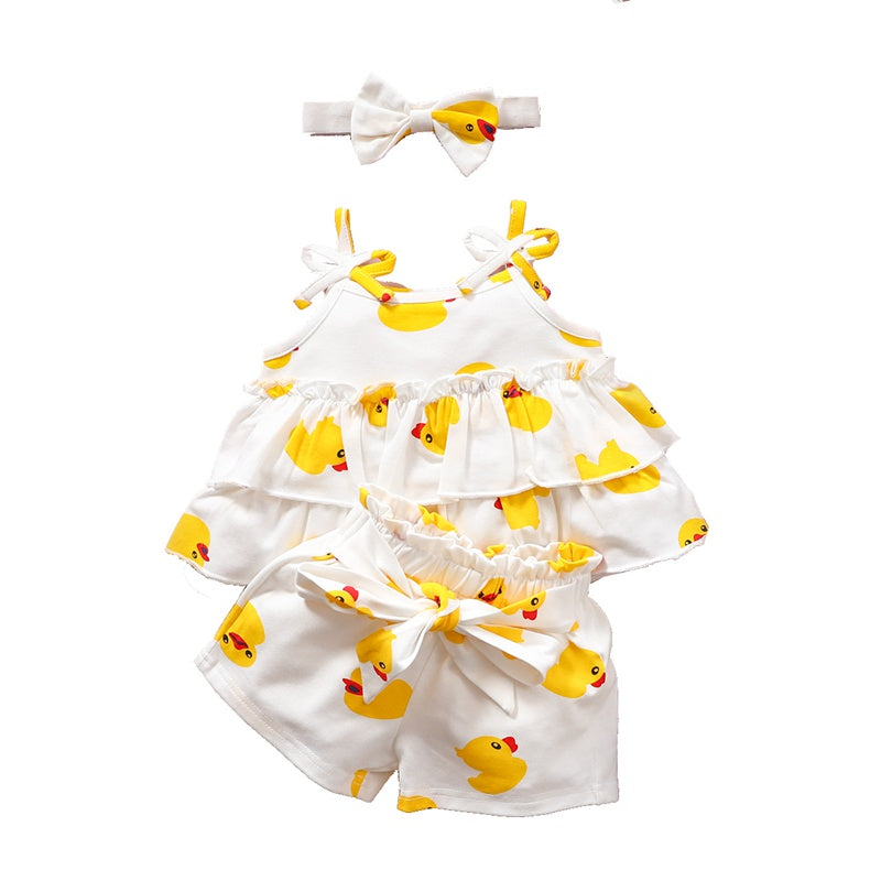 Baby Girl Little Yellow Duck Pattern Suspender Top & Shorts & Headband - PrettyKid
