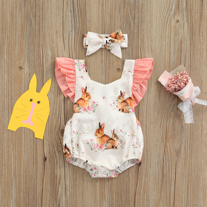 Baby Girl Easter Bunny Print Romper And Headband Baby Rompers Wholesale - PrettyKid