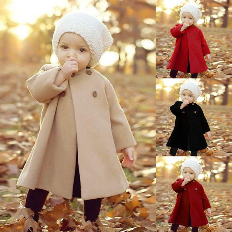 Toddler Kids Girl Solid Color Round Neck Long Sleeved Cape Wool Coat - PrettyKid