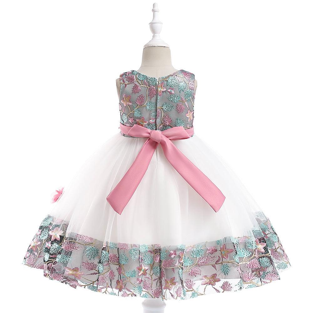 Kids Girls Flower Embroidered Mesh Stitched Sleeveless Puffy Dress Flower Girl Skirt - PrettyKid