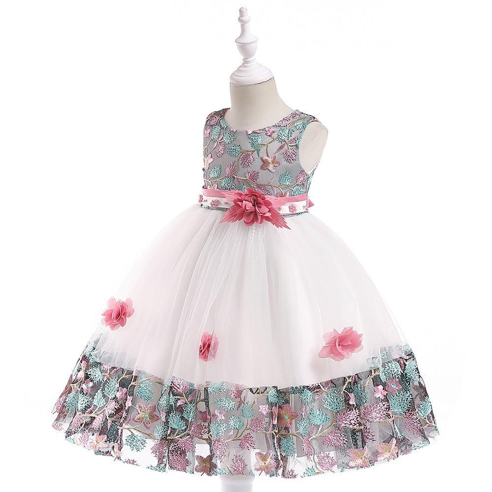 Kids Girls Flower Embroidered Mesh Stitched Sleeveless Puffy Dress Flower Girl Skirt - PrettyKid