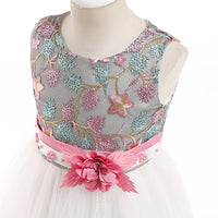 Kids Girls Flower Embroidered Mesh Stitched Sleeveless Puffy Dress Flower Girl Skirt - PrettyKid