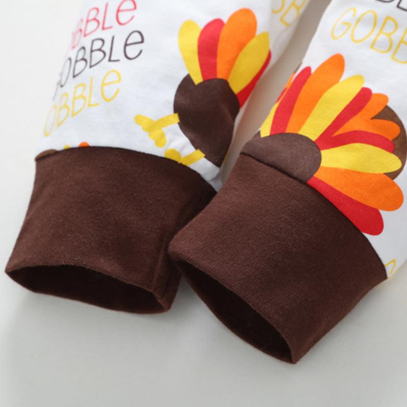 Baby's Thanksgiving Turkey Printed Long Sleeve Suit Hat Three Piece Set - PrettyKid