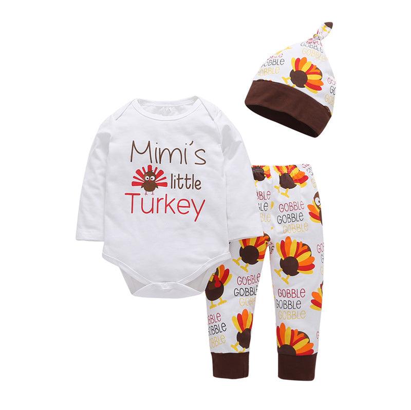 Baby's Thanksgiving Turkey Printed Long Sleeve Suit Hat Three Piece Set - PrettyKid