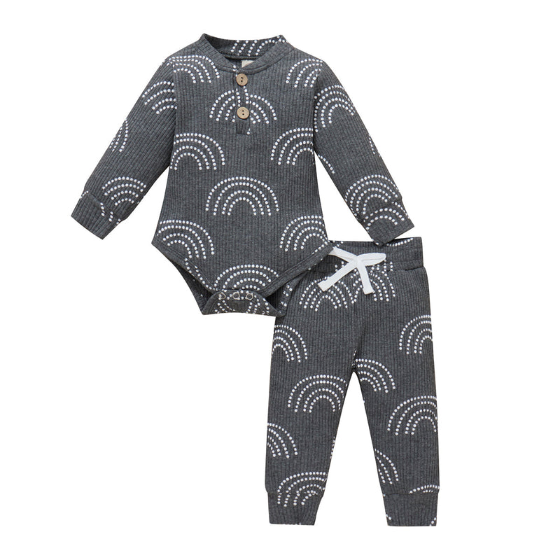 Baby Boy Rainbow Print Ribbed Bodysuit And Pants Two Piece Baby Sets - PrettyKid