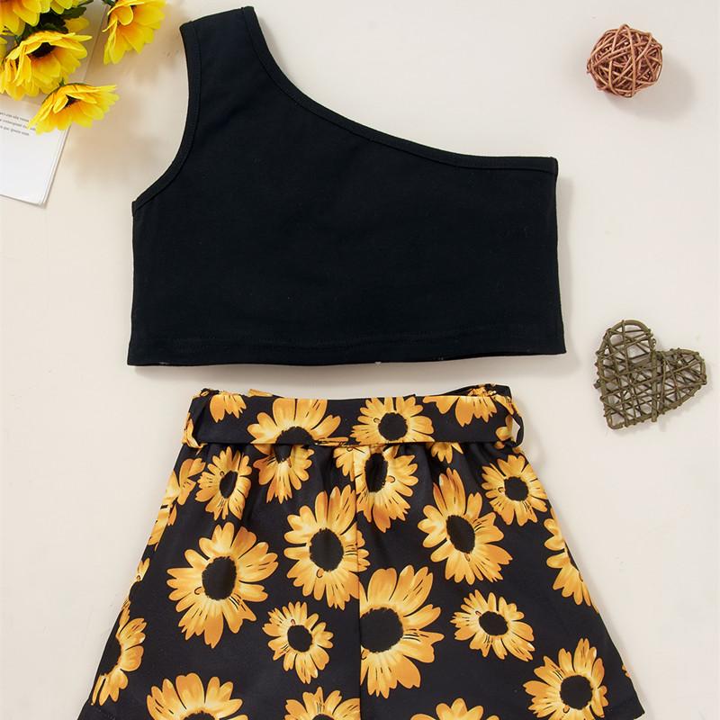 Toddler Girl Off-shoulder Top & Sunflower Print Shorts - PrettyKid