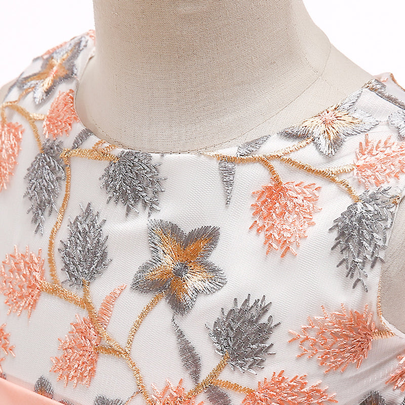 Kids Girls Flower Embroidered Mesh Stitched Sleeveless Puffy Dress Flower Girl Skirt - PrettyKid
