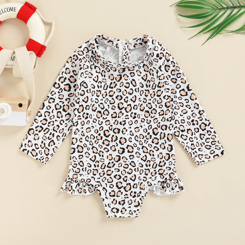 18M-6Y Long Sleeve Leopard Print One Piece Swimsuit Girls Swimsuits Wholesale Girls Clothes - PrettyKid